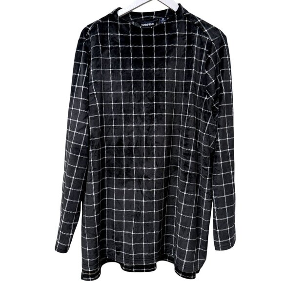 LANDS END Soft Fleece Pullover Plus Size 3X Black Check Velour Womens Top NWOT - Picture 1 of 7